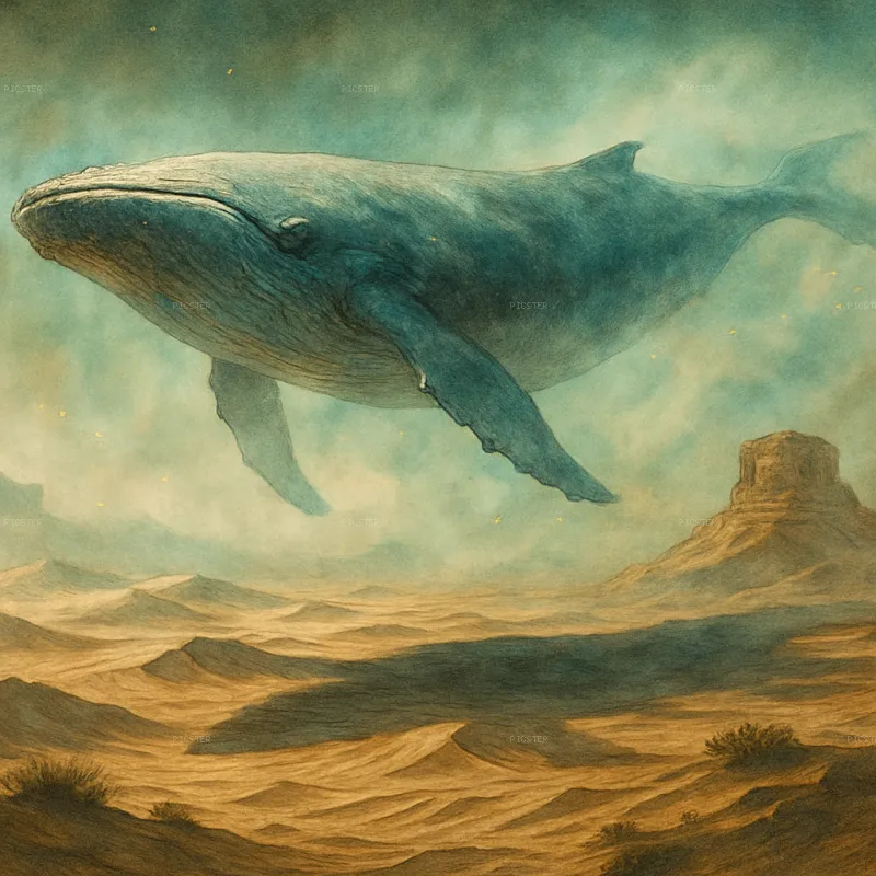 Blue Whale Drifting Over Dry Badlands