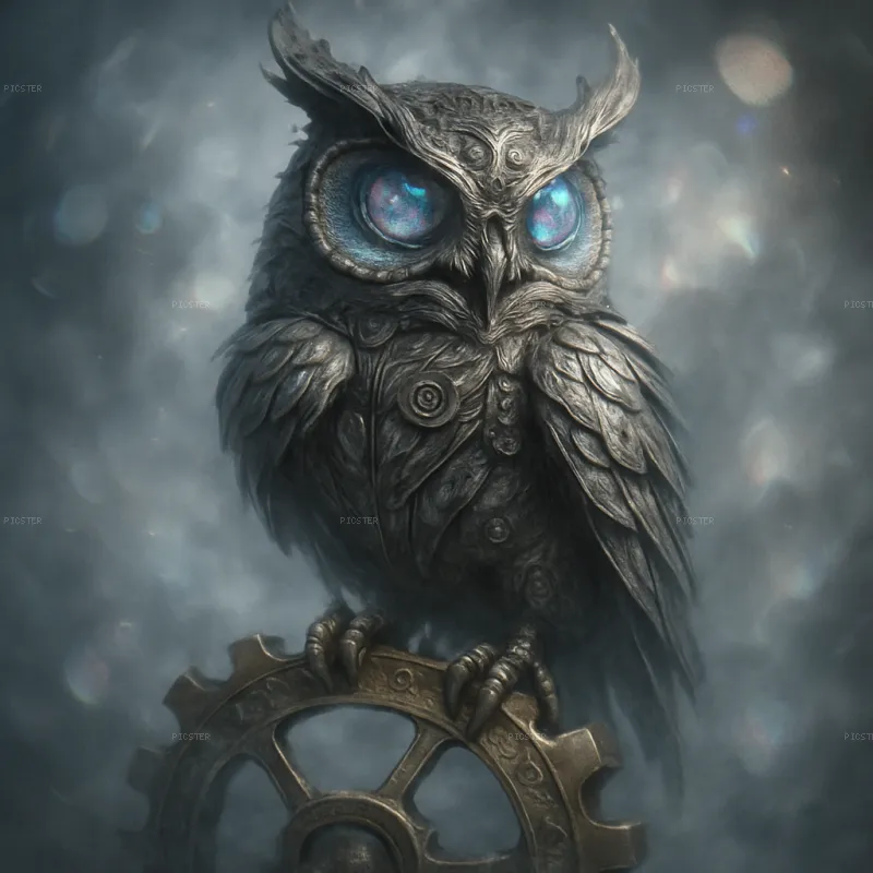 Iron Owl Perched on Brass Gear