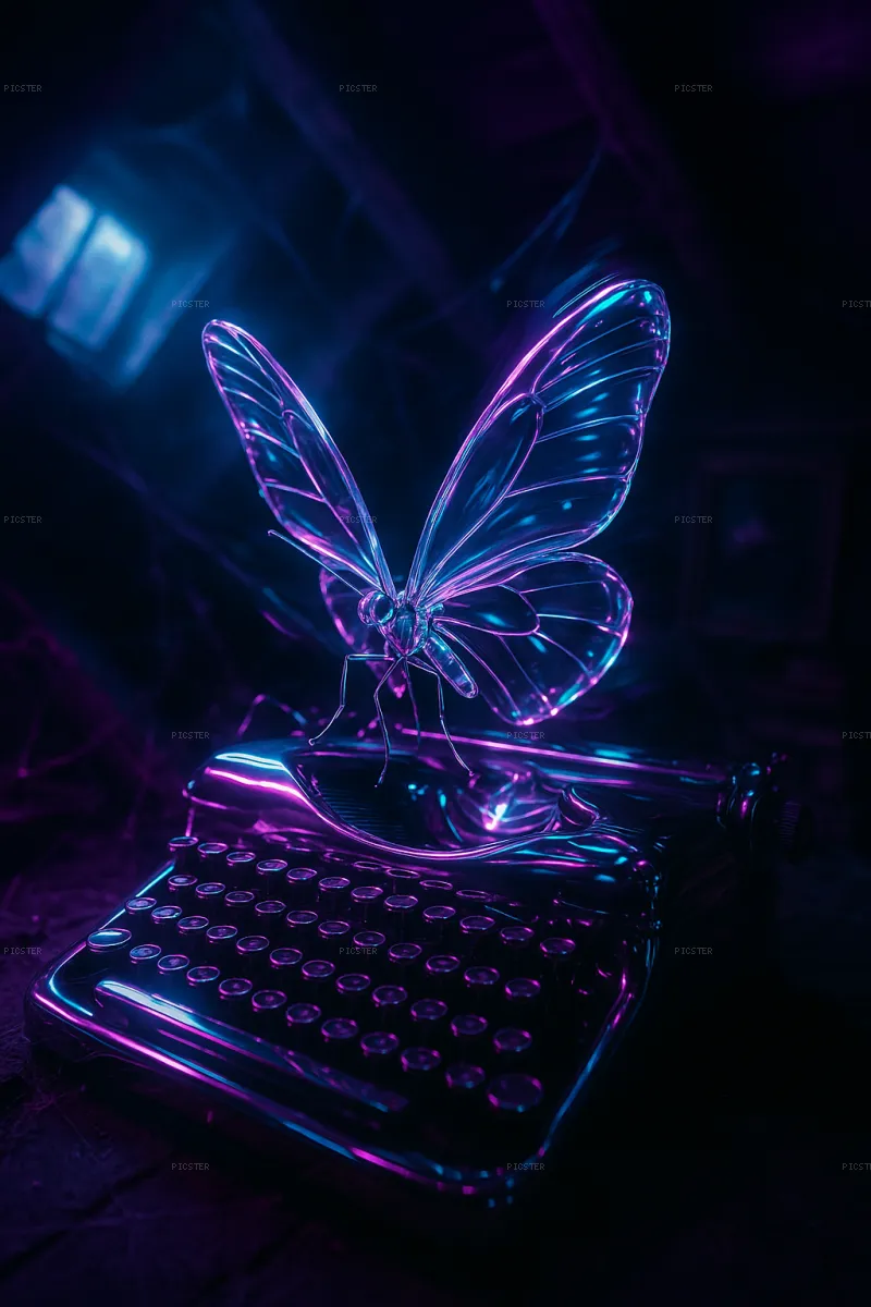Glass Butterfly Rests on Neon Typewriter