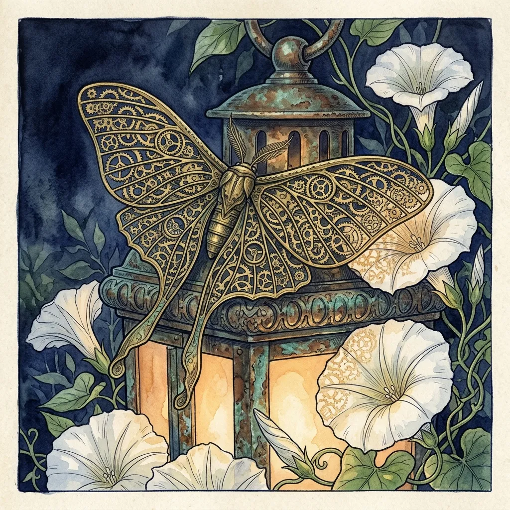 Clockwork Moth at the Lantern's Edge