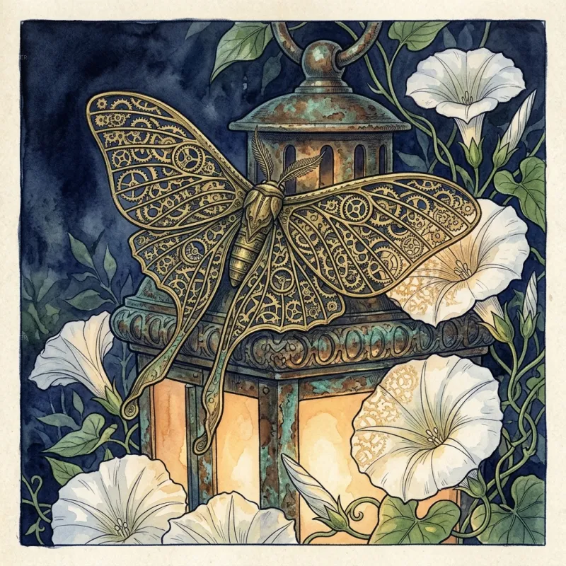 Clockwork Moth at the Lantern's Edge