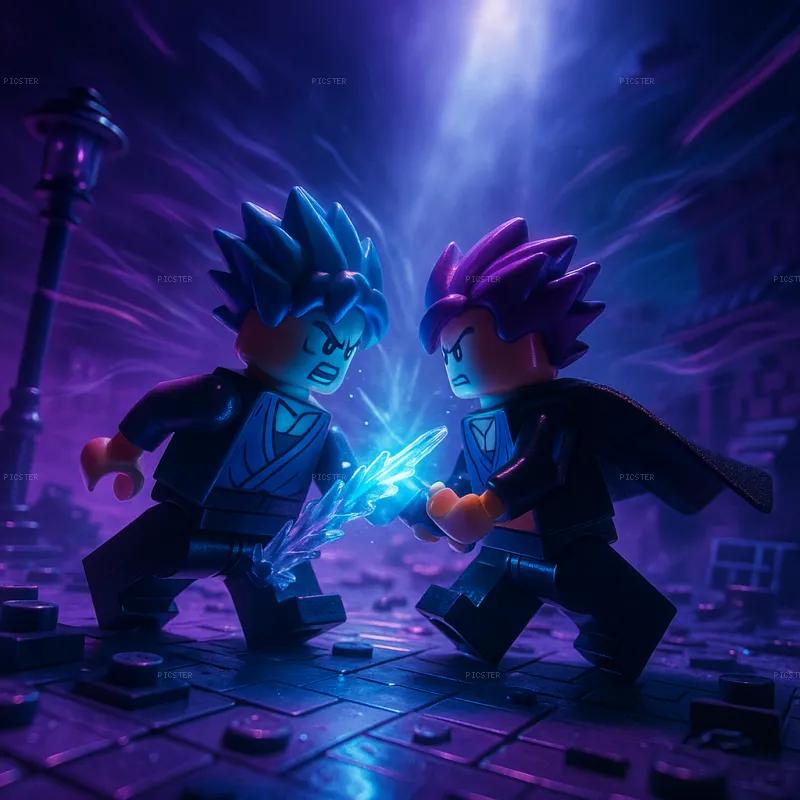Two Minifigures Clash in Neon Dark