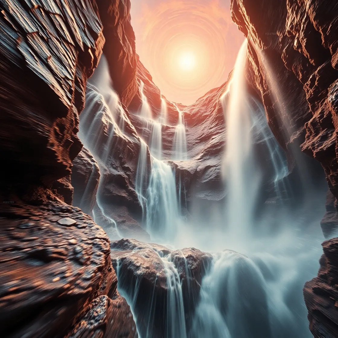Waterfalls Converge in Slot Canyon Light