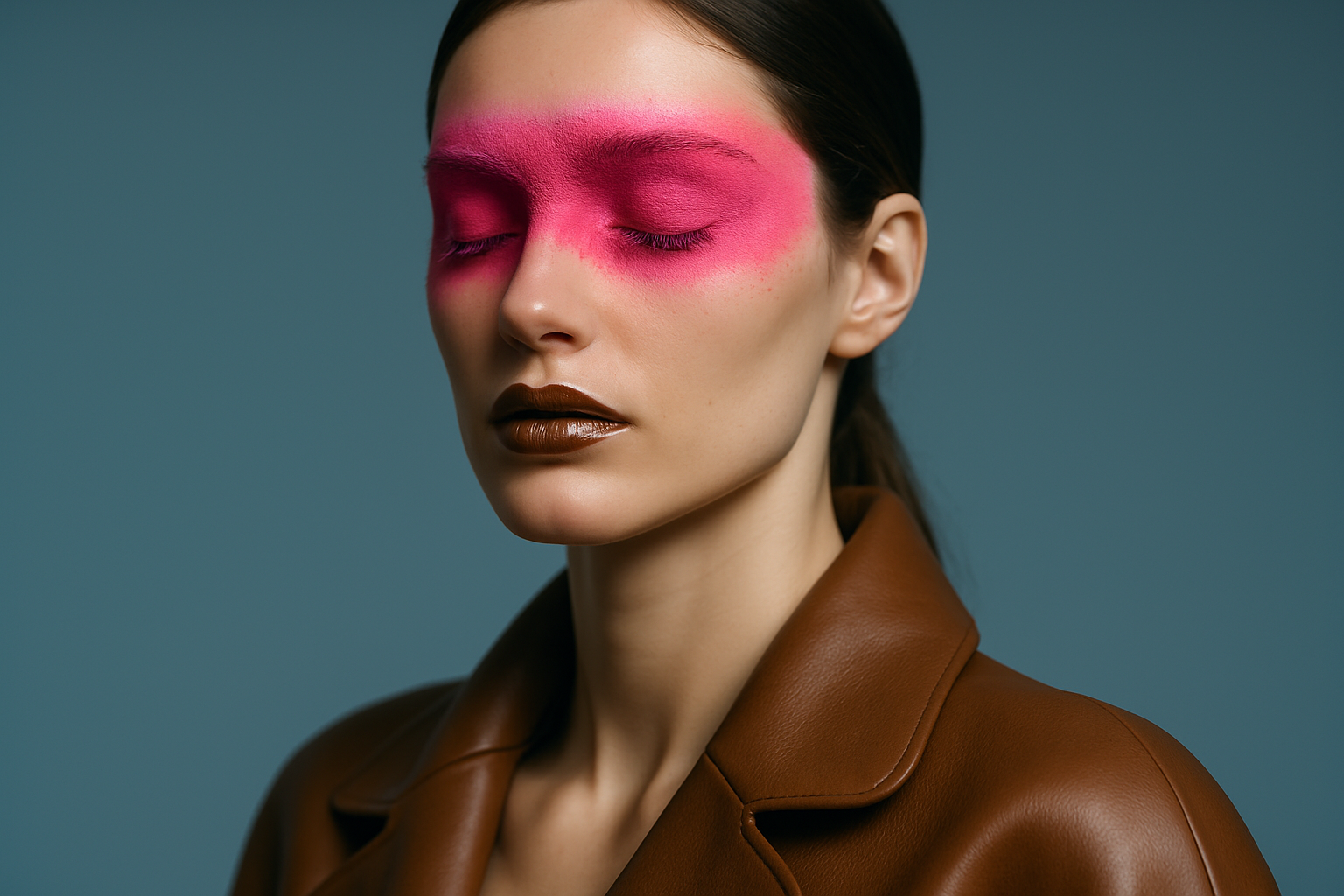 Caucasian model posing for a photo with pink spray over eyes