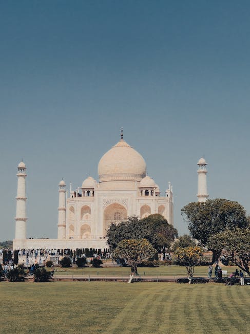 The iconic Taj Mahal framed by lush trees and clear sky, captured during daytime.